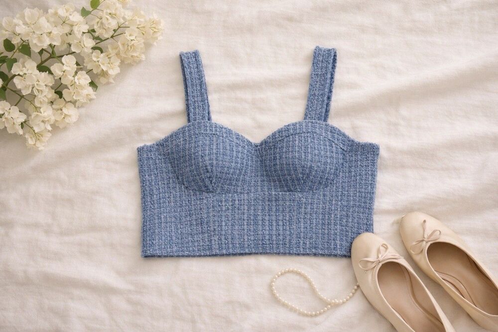 Boucle Knit Bustier Crop Top Coquette Balletcore Fuzzy Bralette Tank Blue XXL